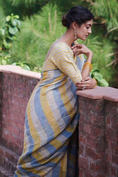 Buy Dressfolk Multi Color 100% Handloom Linen Stripes Manjiri Saree With Running Blouse Online at Aza Fashions Buy_Dressfolk_Multi Color 100% Handloom Linen Stripes Manjiri Saree With Running Blouse _Online_at_Aza_Fashions