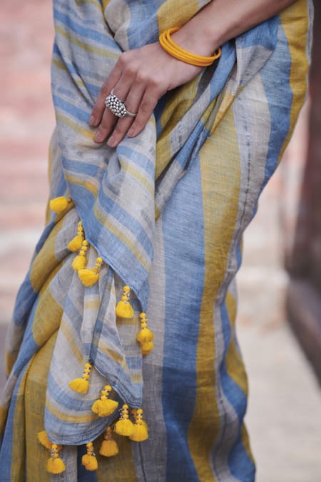 Shop Dressfolk Multi Color 100% Handloom Linen Stripes Manjiri Saree With Running Blouse Online at Aza Fashions Shop_Dressfolk_Multi Color 100% Handloom Linen Stripes Manjiri Saree With Running Blouse _Online_at_Aza_Fashions