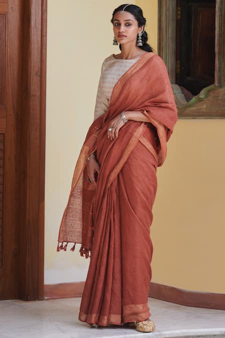 Dressfolk Brown 100% Handloom Linen Striped Madhabi Saree 