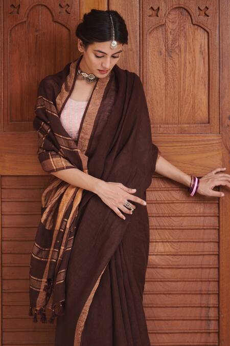 Buy_Dressfolk_Maroon 100% Handloom Linen Stripes Aparna Saree With Running Blouse_Online_at_Aza_Fashions