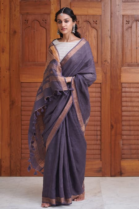 Dressfolk Purple 100% Handloom Linen Handwoven Sharmila Saree 