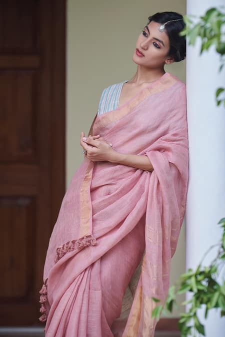 Buy_Dressfolk_Pink 100% Handloom Linen Durga Jamdani Saree With Running Blouse _Online_at_Aza_Fashions