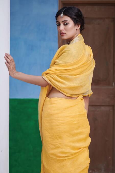 Shop_Dressfolk_Yellow 100% Handloom Linen Stripes Labanya Saree With Running Blouse_Online_at_Aza_Fashions