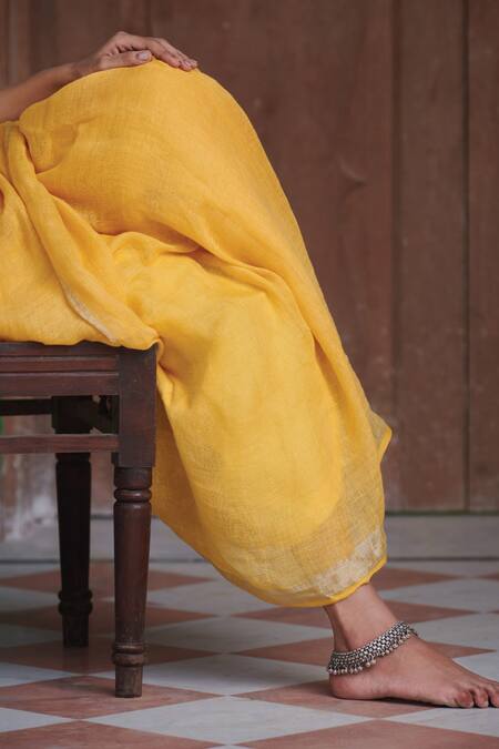 Dressfolk_Yellow 100% Handloom Linen Stripes Labanya Saree With Running Blouse_at_Aza_Fashions