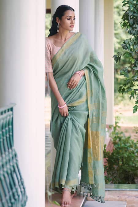 Dressfolk Green 100% Handloom Linen Striped Konkana Saree 