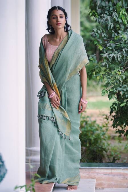 Dressfolk_Green 100% Handloom Linen Stripes Konkana Saree With Running Blouse_Online_at_Aza_Fashions