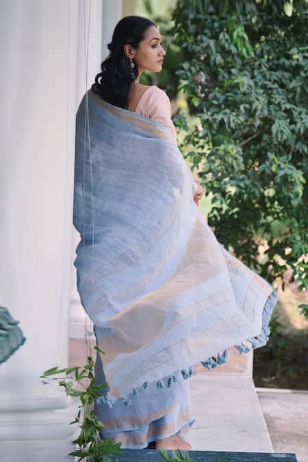 Dressfolk Charulata Handloom Linen Jamdani Saree With Running Blouse 
