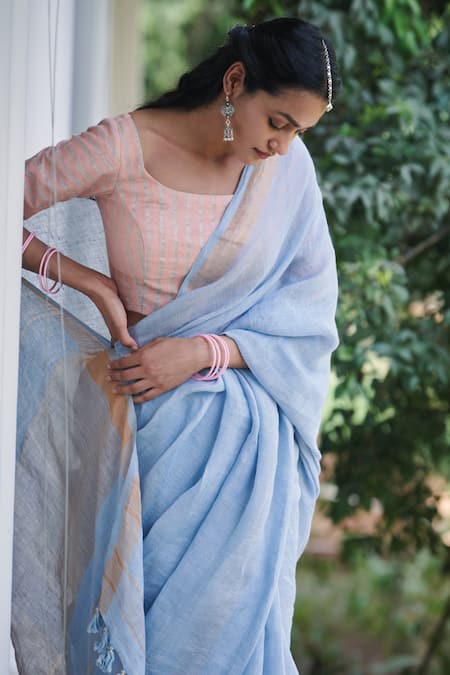 Shop_Dressfolk_Blue Handloom Linen Jamdani Stripes Charulata Saree With Running Blouse _Online_at_Aza_Fashions