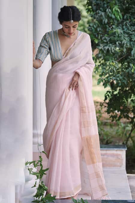 Dressfolk Pink 100% Handloom Linen Handwoven Zari Titli Jamdani Saree 