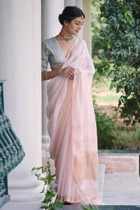 Shop Dressfolk Pink 100% Handloom Linen Zari Titli Jamdani Saree With Running Blouse at Aza Fashions Shop_Dressfolk_Pink 100% Handloom Linen Zari Titli Jamdani Saree With Running Blouse _at_Aza_Fashions