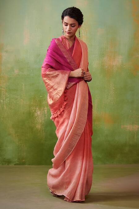 Dressfolk_Multi Color 100% Handloom Linen Chhavi Ombre Saree With Running Blouse _Online_at_Aza_Fashions