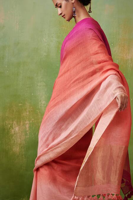 Buy_Dressfolk_Multi Color 100% Handloom Linen Chhavi Ombre Saree With Running Blouse _Online_at_Aza_Fashions