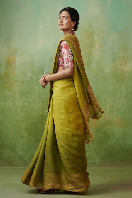 Dressfolk Green 100% Handloom Linen Iraah Ombre Saree With Running Blouse Online at Aza Fashions Dressfolk_Green 100% Handloom Linen Iraah Ombre Saree With Running Blouse _Online_at_Aza_Fashions