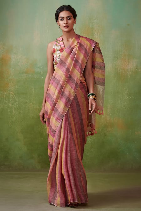 Dressfolk Multi Color 100% Handloom Linen Handwoven Striped Idayah Saree 