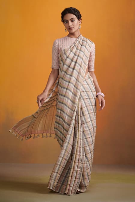 Dressfolk Multi Color 100% Handloom Linen Handwoven Striped Aainah Saree 