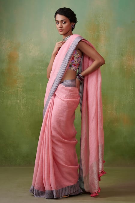 Dressfolk_Pink 100% Handloom Linen Stripes Aneesa Saree With Running Blouse _Online_at_Aza_Fashions