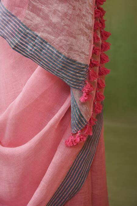 Buy_Dressfolk_Pink 100% Handloom Linen Stripes Aneesa Saree With Running Blouse _Online_at_Aza_Fashions