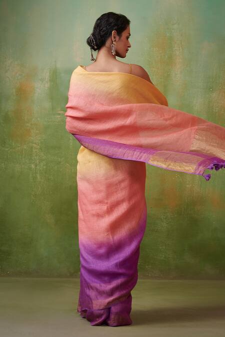 Shop_Dressfolk_Multi Color 100% Handloom Linen Zari Paakhi Ombre Saree _at_Aza_Fashions
