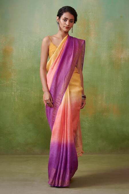 Dressfolk_Multi Color 100% Handloom Linen Zari Paakhi Ombre Saree _Online_at_Aza_Fashions
