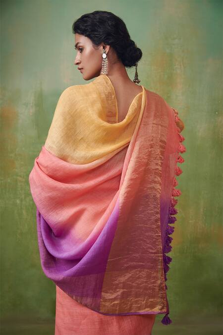 Buy_Dressfolk_Multi Color 100% Handloom Linen Zari Paakhi Ombre Saree _Online_at_Aza_Fashions