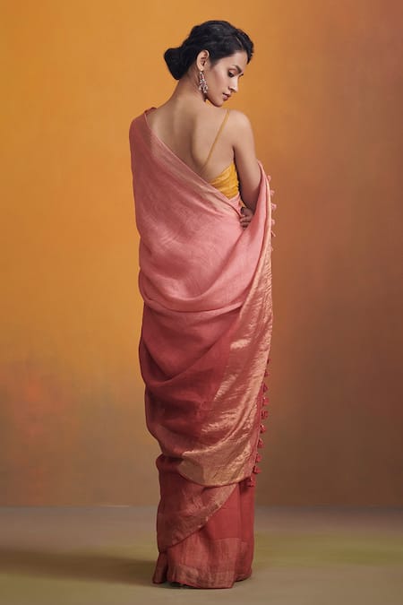 Shop_Dressfolk_Red 100% Handloom Linen Ishya Ombre Saree _at_Aza_Fashions