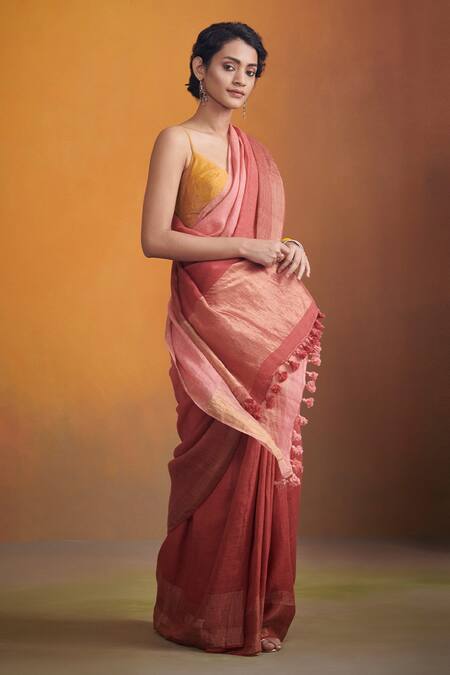 Dressfolk_Red 100% Handloom Linen Ishya Ombre Saree _Online_at_Aza_Fashions