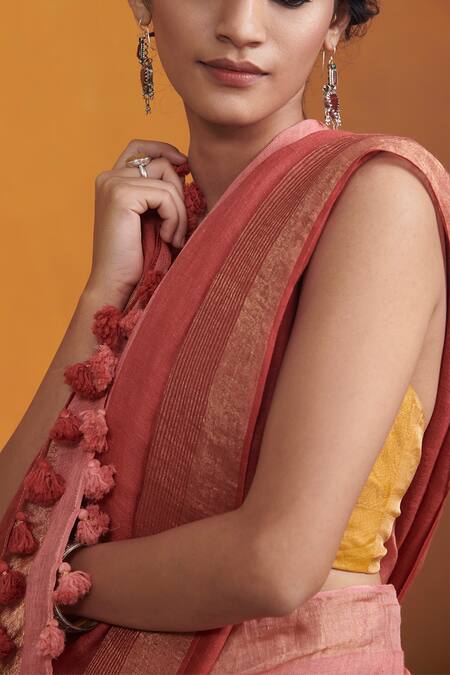 Buy_Dressfolk_Red 100% Handloom Linen Ishya Ombre Saree _Online_at_Aza_Fashions