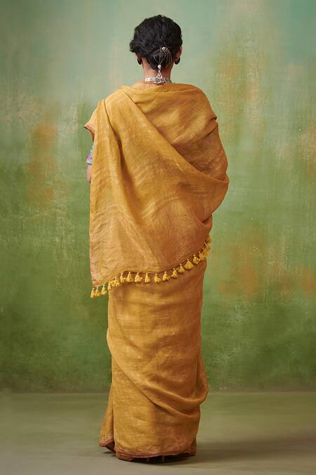 Shop_Dressfolk_Yellow 100% Handloom Linen Striped Zareen _at_Aza_Fashions