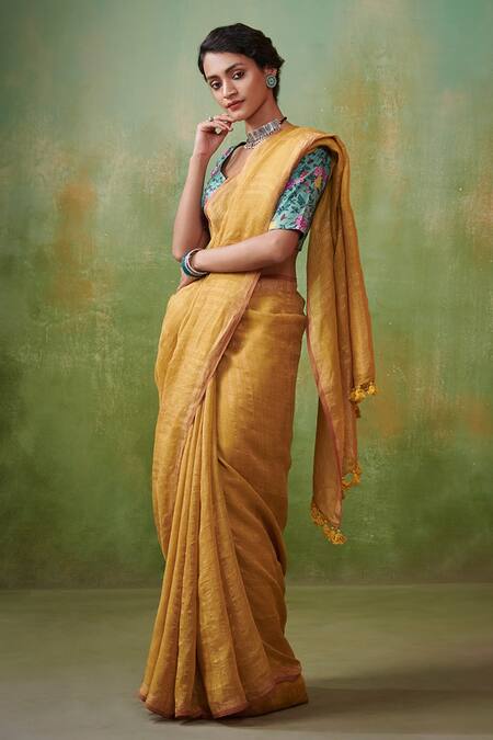 Dressfolk_Yellow 100% Handloom Linen Striped Zareen _Online_at_Aza_Fashions