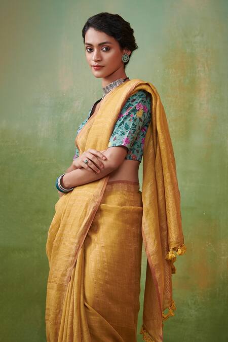 Buy_Dressfolk_Yellow 100% Handloom Linen Striped Zareen _Online_at_Aza_Fashions