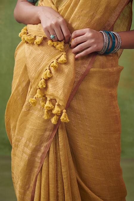 Shop_Dressfolk_Yellow 100% Handloom Linen Striped Zareen _Online_at_Aza_Fashions