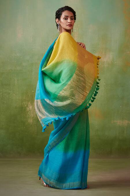 Dressfolk_Multi Color 100% Handloom Linen Zari Sia Saree With Running Blouse_Online_at_Aza_Fashions