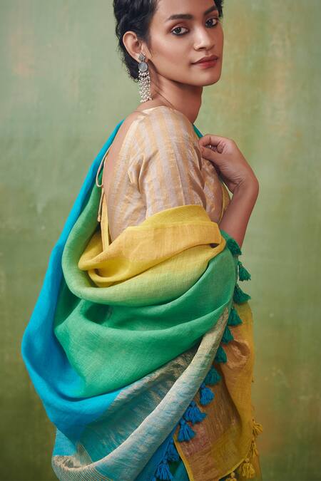Buy_Dressfolk_Multi Color 100% Handloom Linen Zari Sia Saree With Running Blouse_Online_at_Aza_Fashions