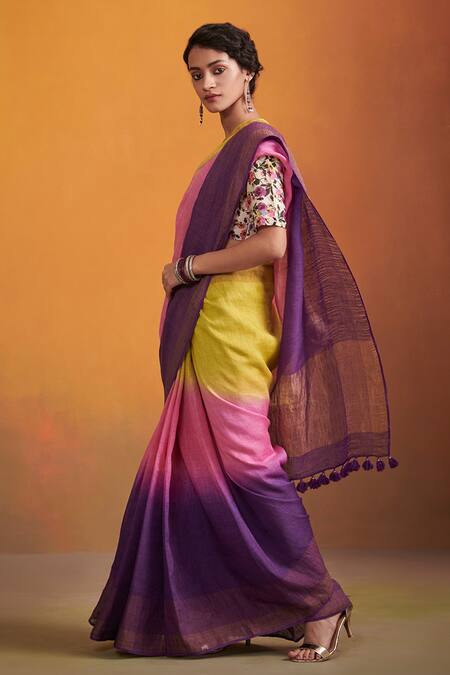 Dressfolk Multi Color 100% Handloom Linen Zari Setarah Ombre Saree With Running Blouse Online at Aza Fashions Dressfolk_Multi Color 100% Handloom Linen Zari Setarah Ombre Saree With Running Blouse _Online_at_Aza_Fashions