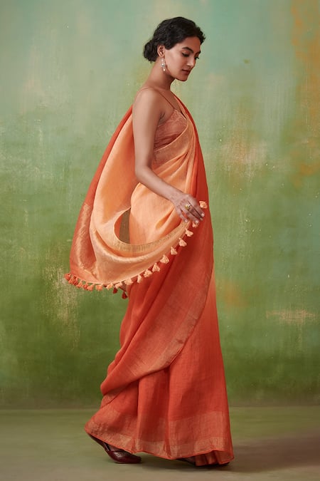 Dressfolk_Orange 100% Handloom Linen Zari Paakhi Ombre Saree With Running Blouse _Online_at_Aza_Fashions