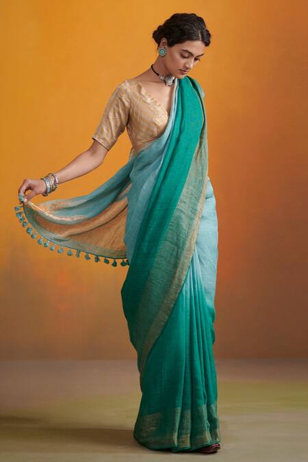 Dressfolk Blue 100% Handloom Linen Inah Ombre Saree With Running Blouse Online at Aza Fashions Dressfolk_Blue 100% Handloom Linen Inah Ombre Saree With Running Blouse_Online_at_Aza_Fashions