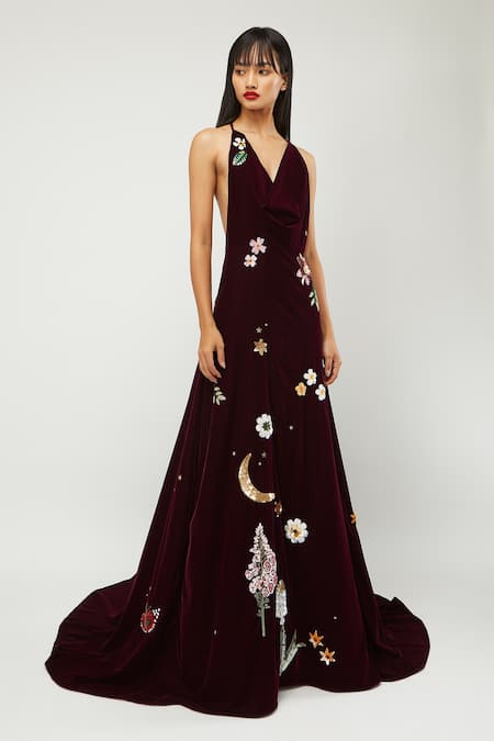 Gauri & Nainika Maroon Velvet Embroidered Floral Sequin Motifs Cowl Neck Mermaid Gown 