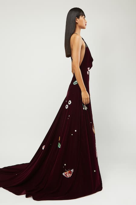 Gauri & Nainika Maroon Velvet Floral Sequin Motifs Cowl Neck Embroidered Mermaid Gown Online at Aza Fashions Gauri & Nainika_Maroon Velvet Floral Sequin Motifs Cowl Neck Embroidered Mermaid Gown _Online_at_Aza_Fashions
