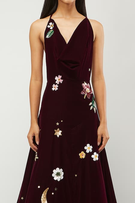 Buy Gauri & Nainika Maroon Velvet Floral Sequin Motifs Cowl Neck Embroidered Mermaid Gown Online at Aza Fashions Buy_Gauri & Nainika_Maroon Velvet Floral Sequin Motifs Cowl Neck Embroidered Mermaid Gown _Online_at_Aza_Fashions