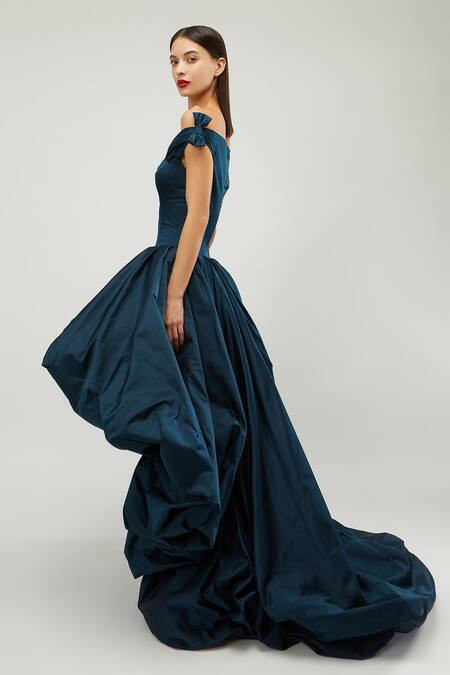 Gauri & Nainika_Blue Duchess Satin One Shoulder Off Balloon Dress _Online_at_Aza_Fashions