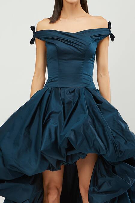 Buy_Gauri & Nainika_Blue Duchess Satin One Shoulder Off Balloon Dress _Online_at_Aza_Fashions