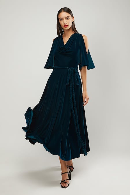 Gauri & Nainika Green Velvet Cowl Neck Dress 