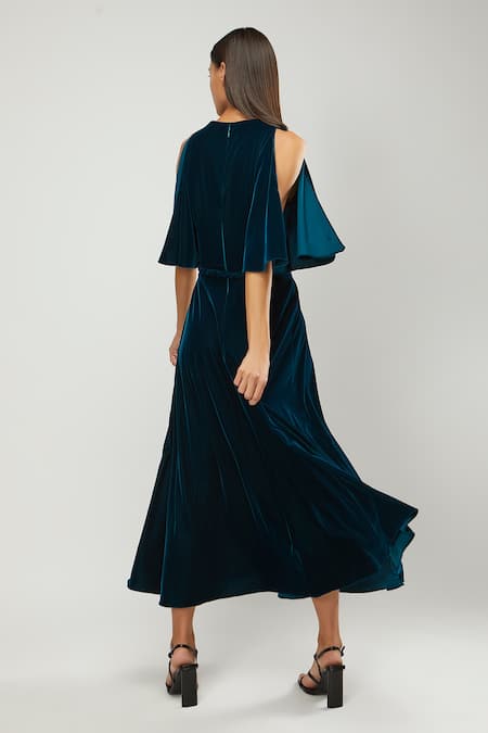 Shop_Gauri & Nainika_Green Velvet Cowl Neck Dress _at_Aza_Fashions