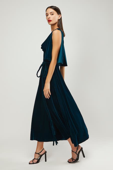 Gauri & Nainika_Green Velvet Cowl Neck Dress _Online_at_Aza_Fashions