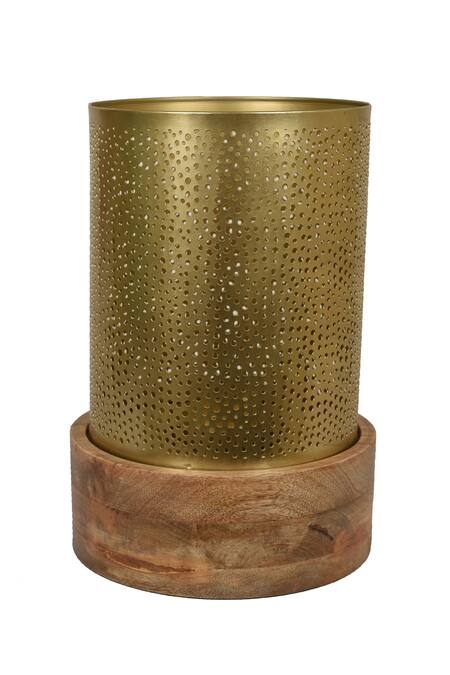 Shop Manor House Gold Iron And Wood Roshni Jaali Candle Holder With Base at Aza Fashions Shop_Manor House_Gold Iron And Wood Roshni Jaali Candle Holder With Base_at_Aza_Fashions