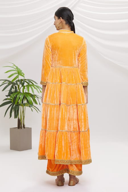 Shop_Naintara Bajaj_Orange Velvet Lace, Gota Patti V-neck, Collared Work Tiered Anarkali Set _at_Aza_Fashions