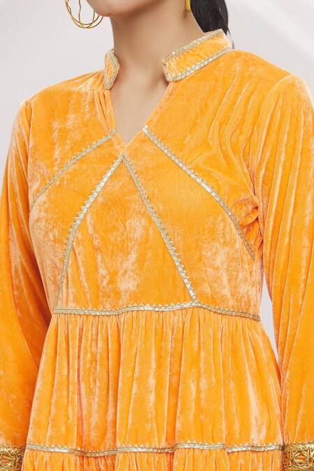 Shop_Naintara Bajaj_Orange Velvet Lace, Gota Patti V-neck, Collared Work Tiered Anarkali Set _Online_at_Aza_Fashions
