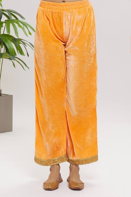 Naintara Bajaj_Orange Velvet Lace, Gota Patti V-neck, Collared Work Tiered Anarkali Set _at_Aza_Fashions