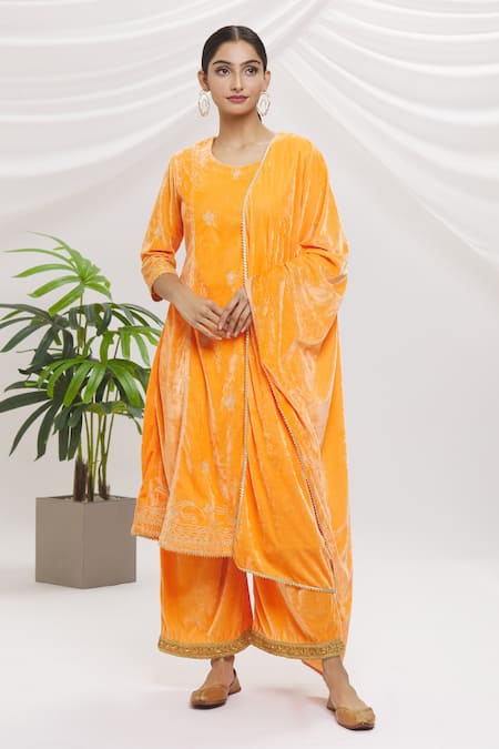 Khwaab by Sanjana Lakhani Orange Velvet A-Line Kurta Set 