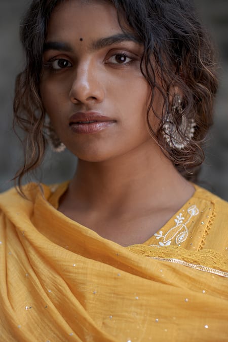 Shop_Pants And Pajamas_Yellow Cotton, Chanderi Mukaish And Chikan Round Dahlia Embroidered Kurta Set  _Online_at_Aza_Fashions